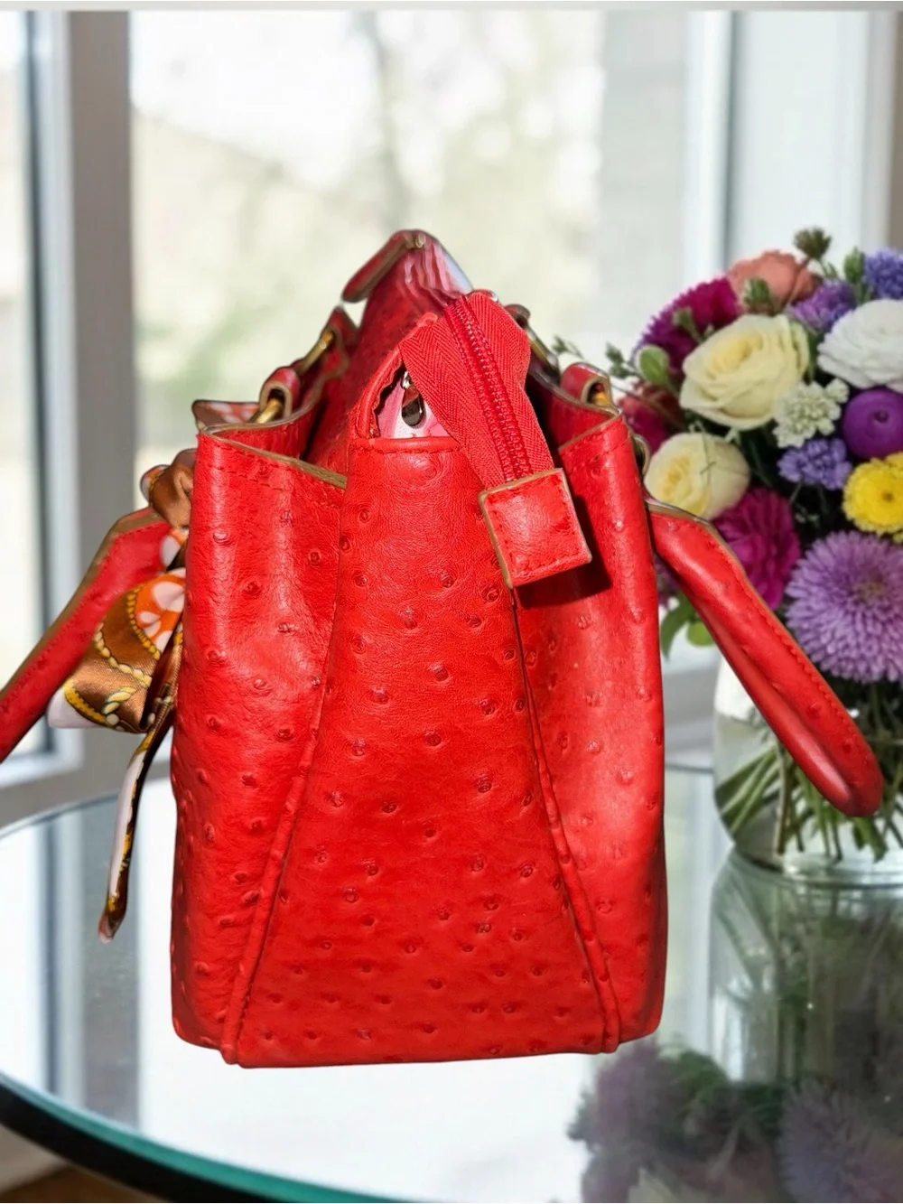 Bueno Red Ostrich Embossed Satchel Handbag with Scarf Accent